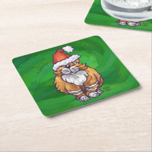 Ginger Cat Christmas On Green Square Paper Coaster