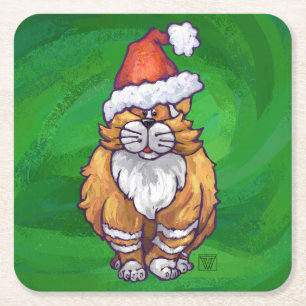 Ginger Cat Christmas On Green Square Paper Coaster