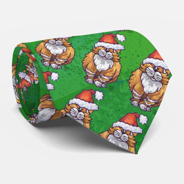 Ginger Cat Christmas On Green Tie (Rolled)