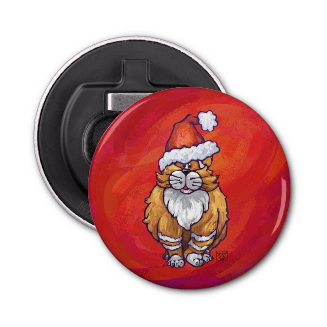 Ginger Cat Christmas On Red Bottle Opener (Front)