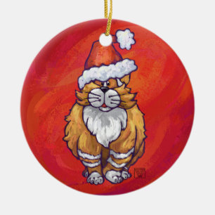 Ginger Cat Christmas On Red Ceramic Tree Decoration