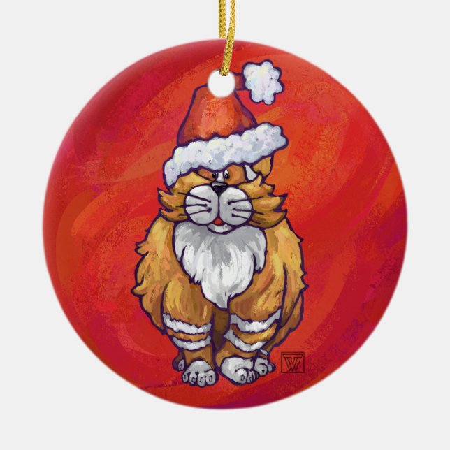 Ginger Cat Christmas On Red Ceramic Tree Decoration (Front)