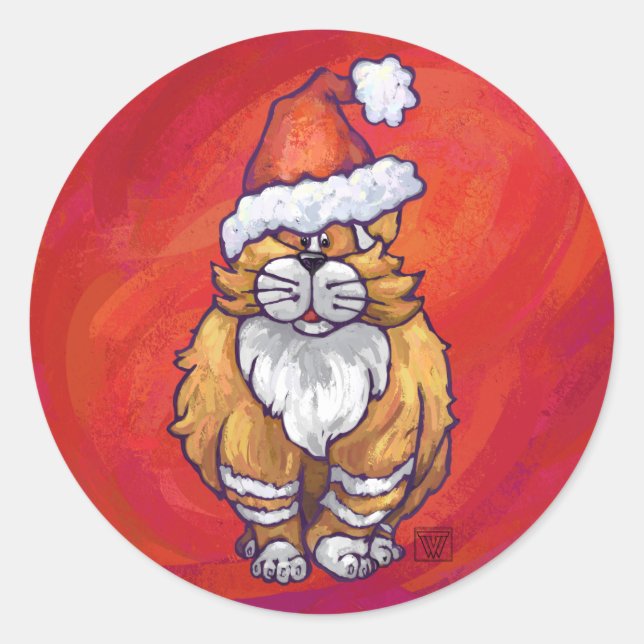 Ginger Cat Christmas On Red Classic Round Sticker (Front)
