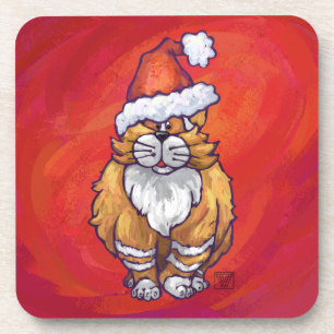 Ginger Cat Christmas On Red Coaster