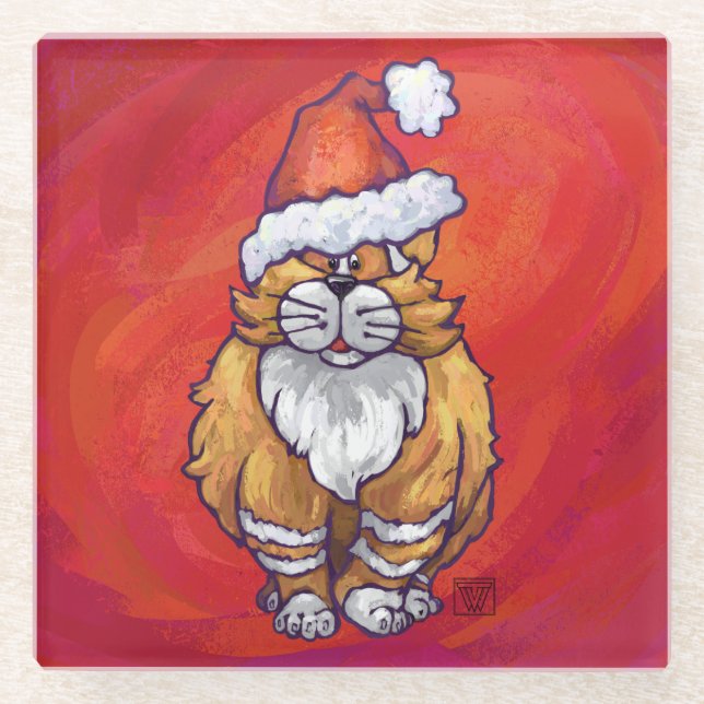 Ginger Cat Christmas On Red Glass Coaster (Front)