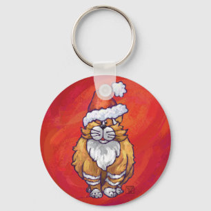 Ginger Cat Christmas On Red Key Ring