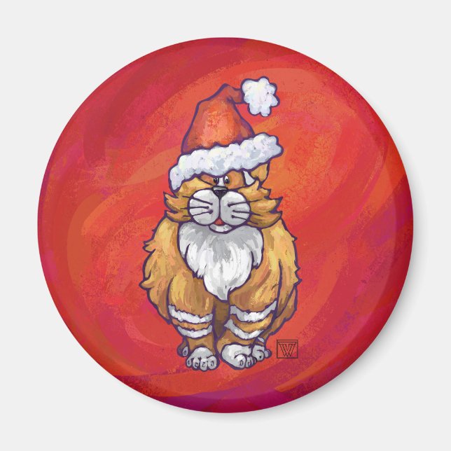 Ginger Cat Christmas On Red Magnet (Front)