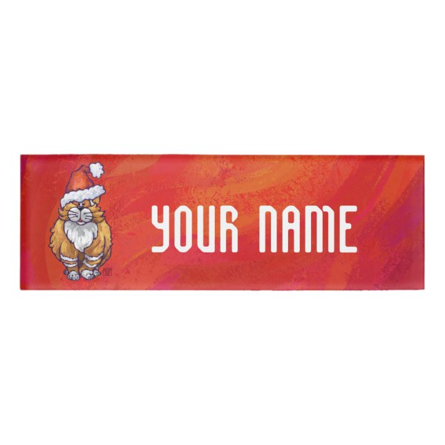 Ginger Cat Christmas On Red Name Tag (Front)