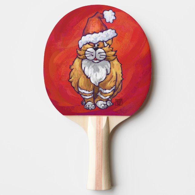Ginger Cat Christmas On Red Ping Pong Paddle (Front)