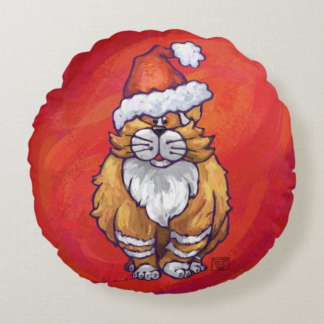 Ginger Cat Christmas On Red Round Cushion (Front)