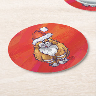 Ginger Cat Christmas On Red Round Paper Coaster