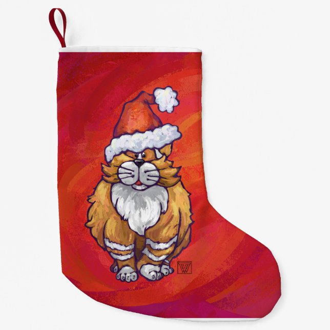 Ginger Cat Christmas On Red Small Christmas Stocking (Front)