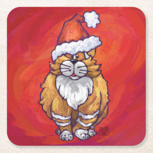 Ginger Cat Christmas On Red Square Paper Coaster