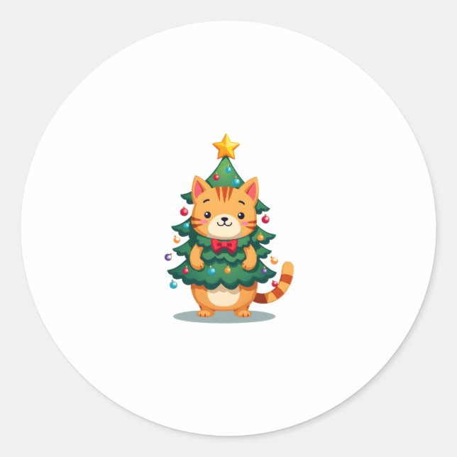 Ginger Cat Christmas Tree Cute Xmas 2 Classic Round Sticker (Front)