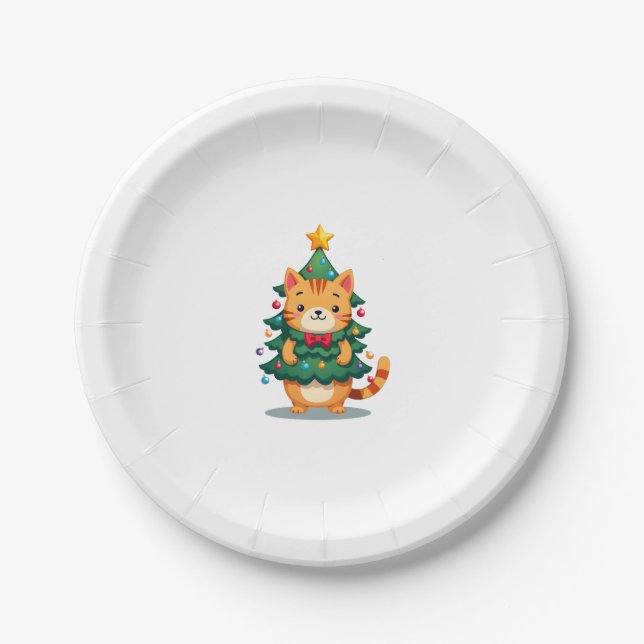 Ginger Cat Christmas Tree Cute Xmas 2 Paper Plate (Front)