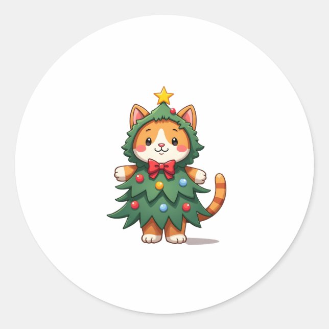 Ginger Cat Christmas Tree Cute Xmas 3 Classic Round Sticker (Front)