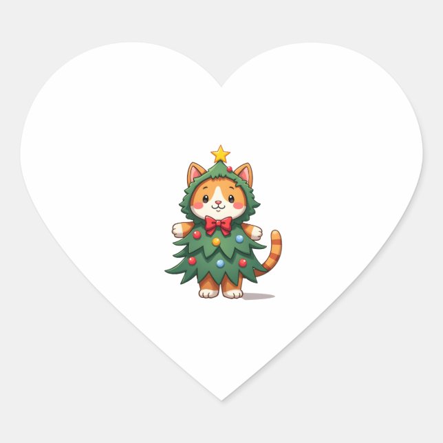 Ginger Cat Christmas Tree Cute Xmas 3 Heart Sticker (Front)