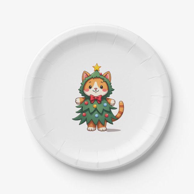 Ginger Cat Christmas Tree Cute Xmas 3 Paper Plate (Front)