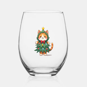 Ginger Cat Christmas Tree Cute Xmas 3 Stemless Wine Glass