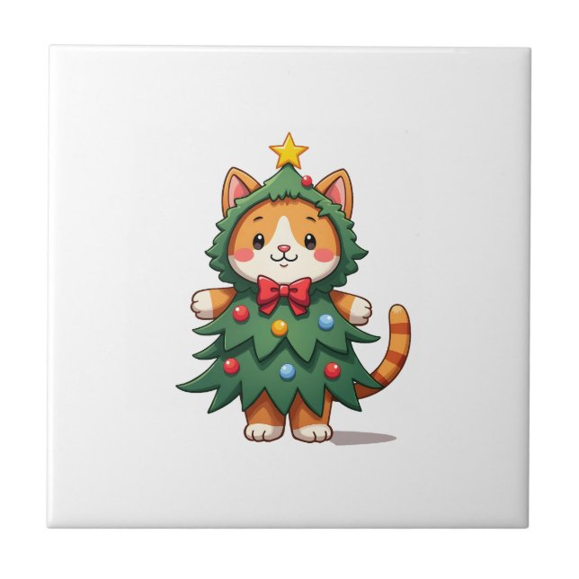 Ginger Cat Christmas Tree Cute Xmas 3 Tile (Front)