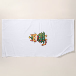 Ginger Cat Christmas Tree Cute Xmas 4 Beach Towel