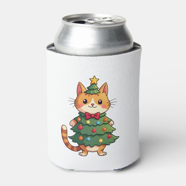 Ginger Cat Christmas Tree Cute Xmas 4 Can Cooler (Can Front)