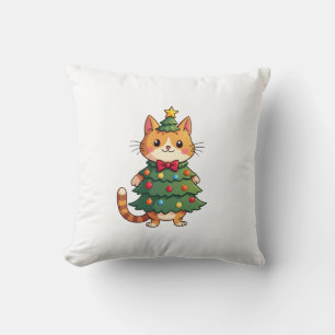 Ginger Cat Christmas Tree Cute Xmas 4 Cushion