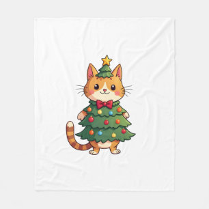 Ginger Cat Christmas Tree Cute Xmas 4 Fleece Blanket