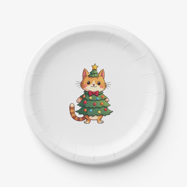 Ginger Cat Christmas Tree Cute Xmas 4 Paper Plate (Front)