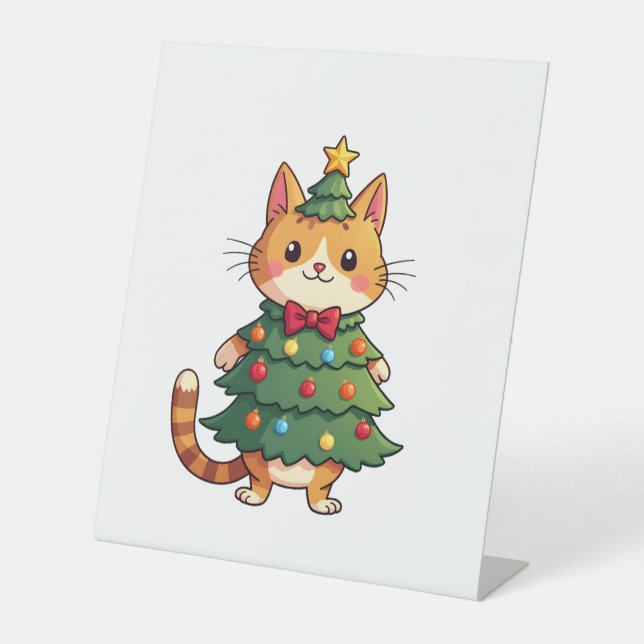 Ginger Cat Christmas Tree Cute Xmas 4 Pedestal Sign (Front)