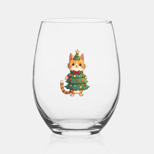 Ginger Cat Christmas Tree Cute Xmas 4 Stemless Wine Glass
