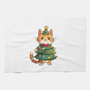 Ginger Cat Christmas Tree Cute Xmas 4 Tea Towel