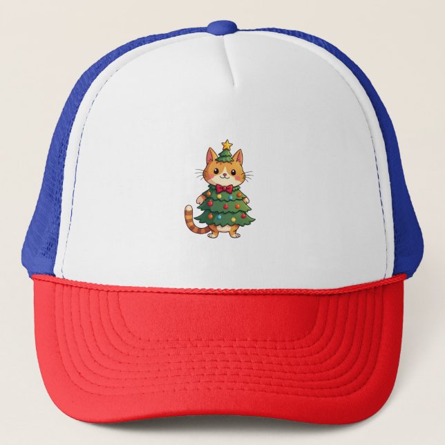 Ginger Cat Christmas Tree Cute Xmas 4 Trucker Hat (Front)