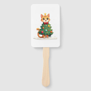 Ginger Cat Christmas Tree Cute Xmas Girls Kids Tod Hand Fan