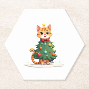 Ginger Cat Christmas Tree Cute Xmas Girls Kids Tod Paper Coaster