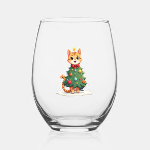Ginger Cat Christmas Tree Cute Xmas Girls Kids Tod Stemless Wine Glass