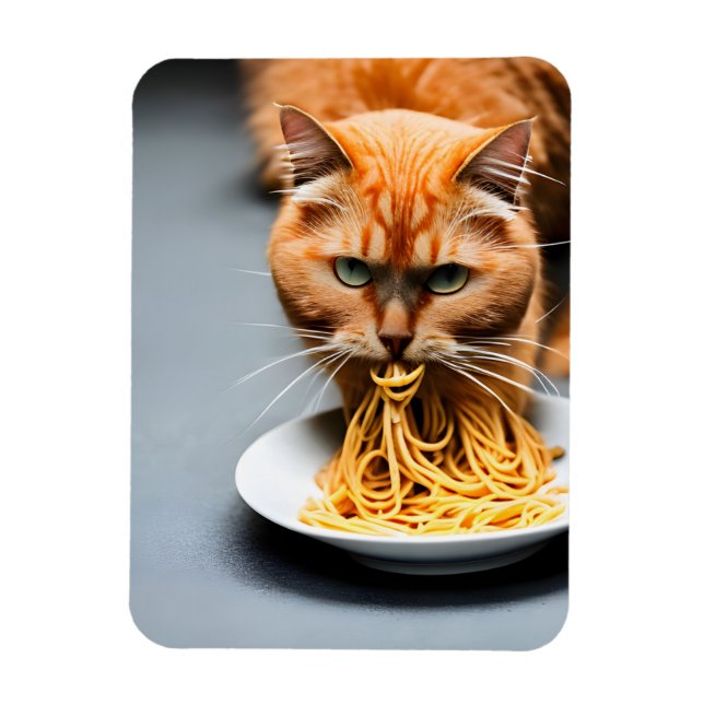 Ginger Cat Eating Spaghetti Magnet (Vertical)