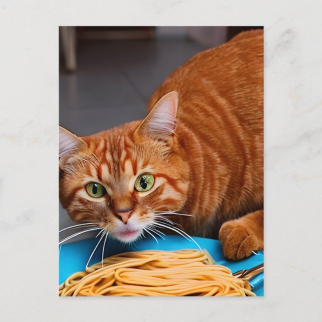 Ginger Cat Eating Spaghetti Postcard (Front)
