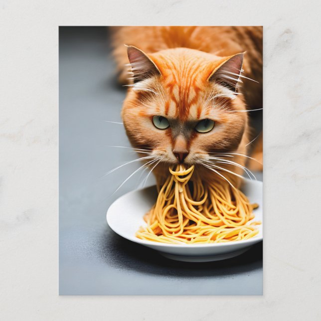 Ginger Cat Eating Spaghetti Postcard (Front)