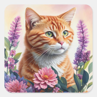 Ginger Cat Floral Multicolor Art Square Sticker