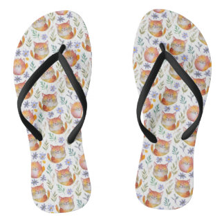 Ginger Cat & Flowers Pattern Flip Flops