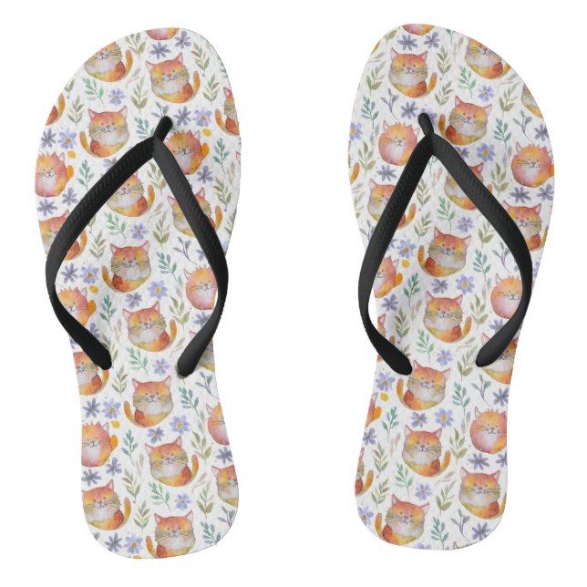 Ginger Cat & Flowers Pattern Flip Flops (Footbed)