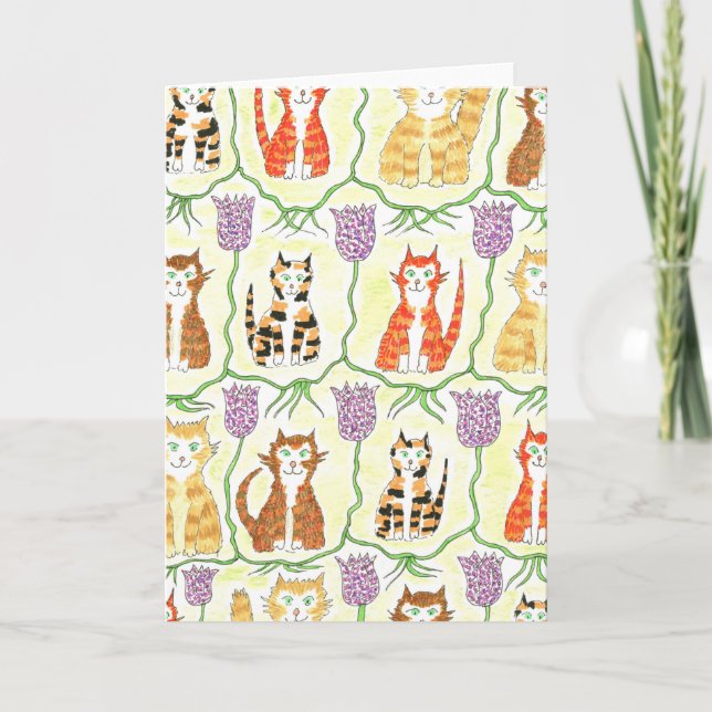 Ginger Cat & Fritillaries after William Morris Card (Front)