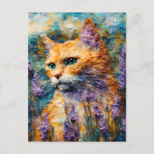 ginger cat in a lavender field encaustic postcard