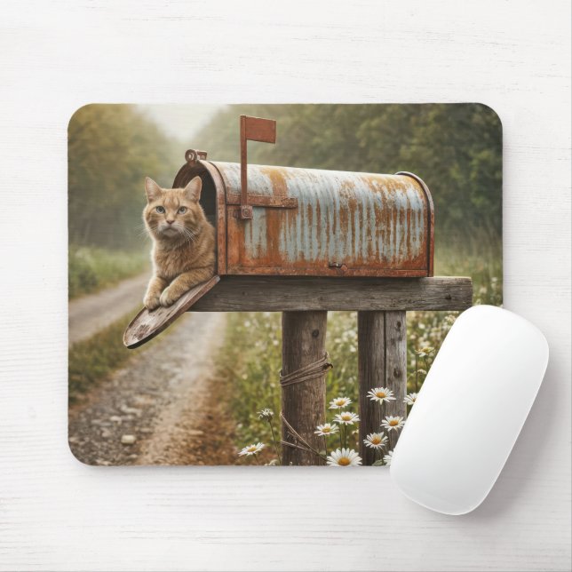 Ginger Cat In a Rusty Mailbox Mouse Mat (With Mouse)