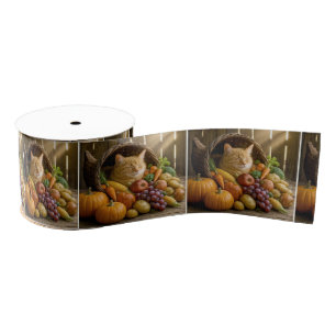 Ginger Cat In a Thanksgiving Cornucopia Grosgrain Ribbon