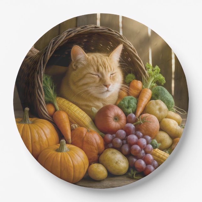 Ginger Cat In a Thanksgiving Cornucopia Paper Plate (Front)