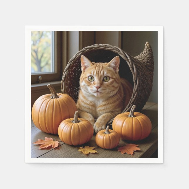 Ginger Cat In a Thanksgiving Wicker Cornucopia  Napkin (Front)