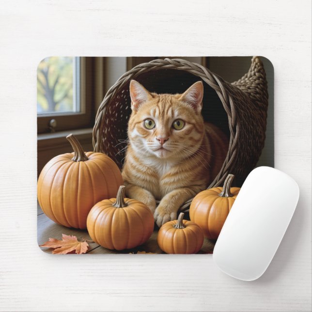 Ginger Cat In a Wicker Cornucopia  Mouse Mat (With Mouse)