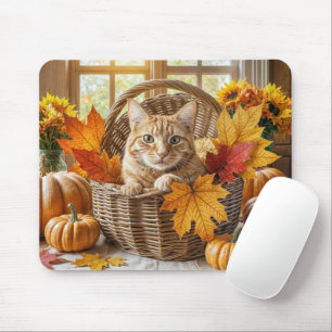 Ginger Cat in Autumn Basket Mouse Mat